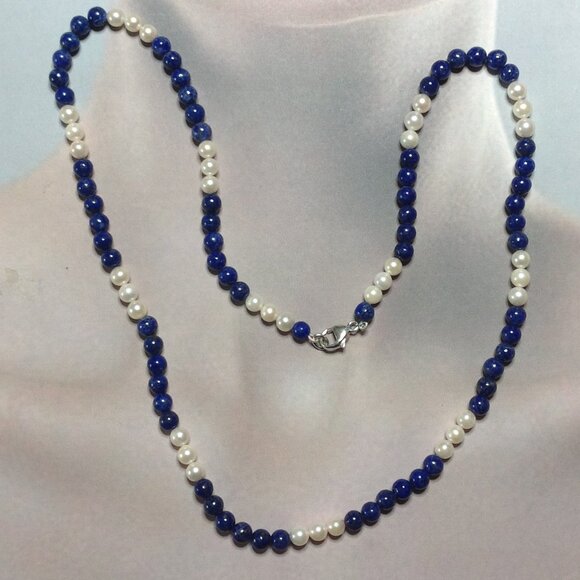 Cultured Pearl and Lapis Lazuli Necklace - Picture 1 of 6